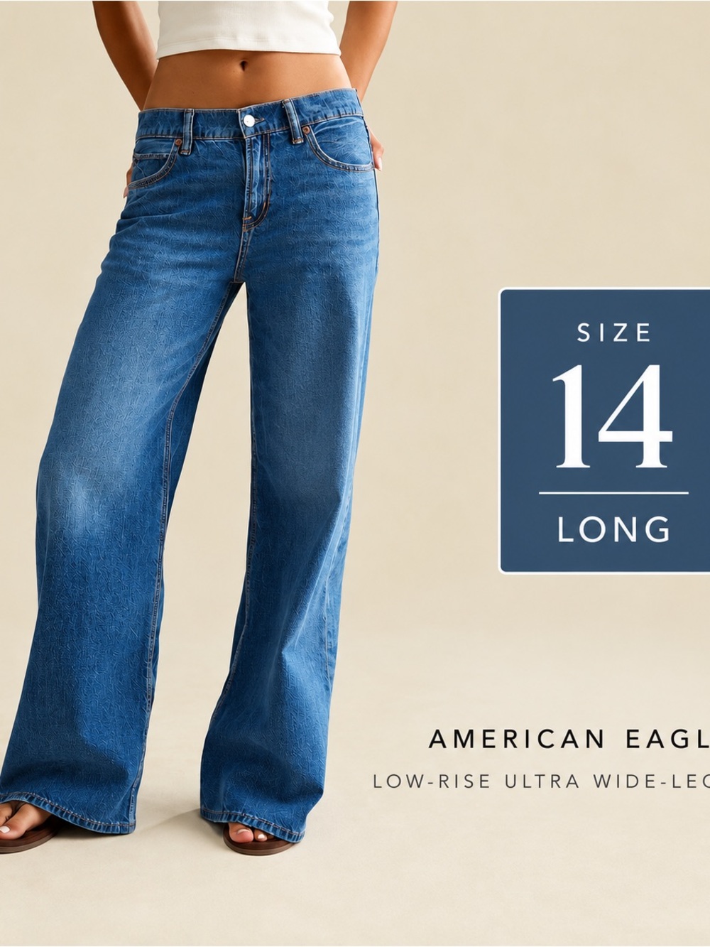 AE Strigid Low Rise Ultra Wide Leg Jeans 14 LONG-Medium Indigo